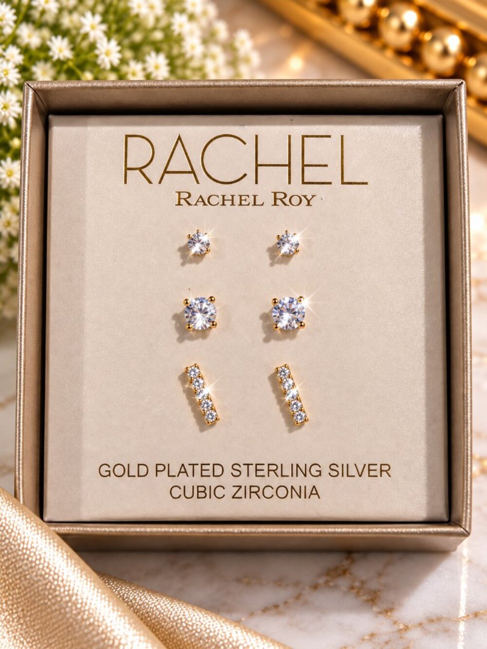 Rachel Roy 3 Pair Cubic Zirconia Stud Earrings Gold Plated Sterling Silver